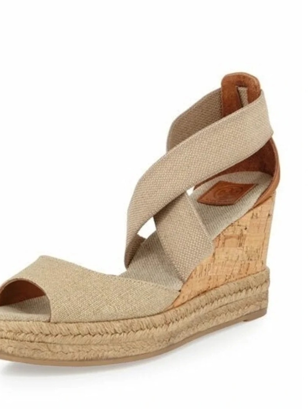 TORY BURCH Beige Espadrille Cork Wedge Sandals with Crisscross Straps SIZE 7